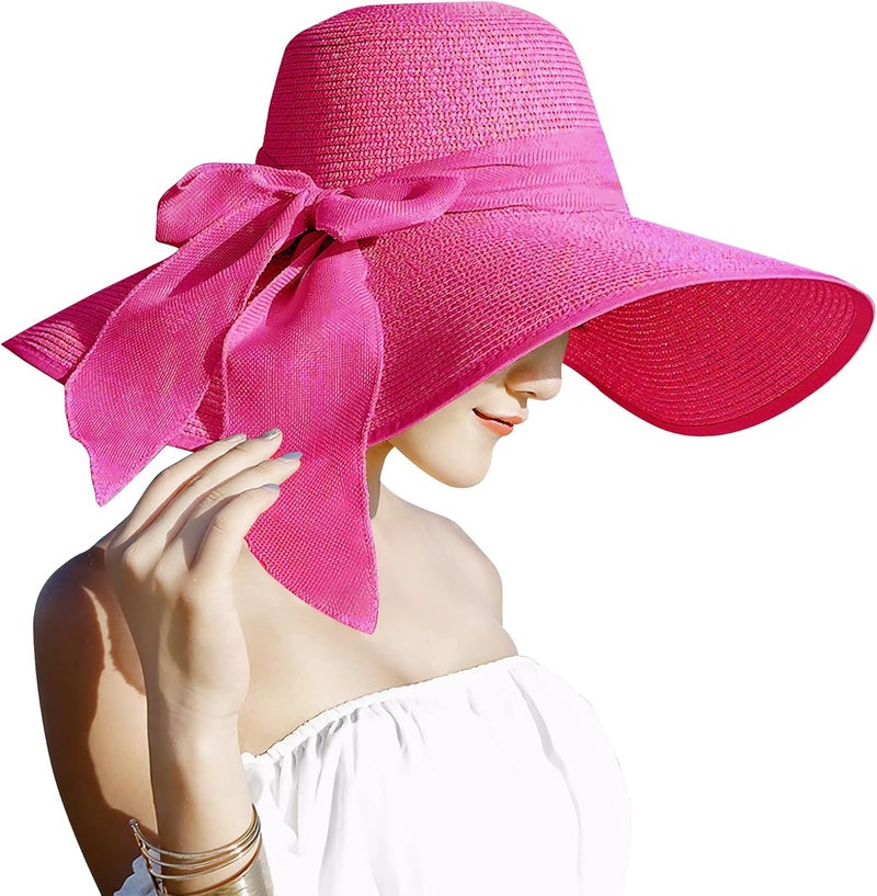 Lanzom Womens 5.7 Inches Big Bowknot Straw Hat Large Floppy Foldable Roll up Beach Cap Sun Hat UPF 50+ - Image 1
